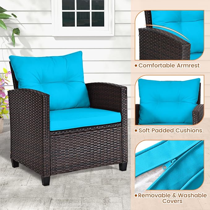 3-Pieces Patio Furniture Set, PE Wicker Chairs Sofa Set with Removable Cushions & Glass Top Side Table, Outdoor Wicker Rattan Conversation Chair for Porch,Backyard, Balcony (Turquoise)