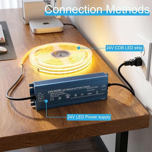 24V 300W UL Listed LED Power Supply with 3.28ft US Standard Plug Wire | Waterproof IP67 Low Voltage Transformer, 100V-130V AC to 24V DC Converter, for DC24V LED Lighting Products