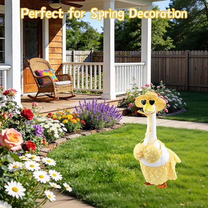 Summer Bikini Porch Goose Outfits – Yellow Swimsuit Goose Clothes with Sun Hat & Heart Sunglass, Cute Patio Lawn Garden Decor for 23 Inch Lawn Goose