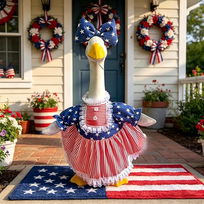 4th of July Porch Goose Outfit Set for 23'' Cement Lawn Goose Statue,Patriotic Star Stripe Dress with Bow,American Independence Day Decor(4th of July)
