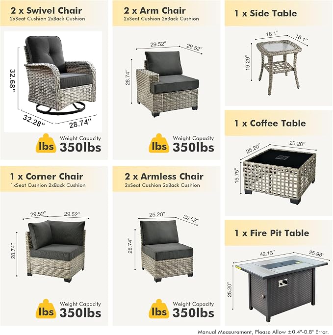 HOOOWOOO Sectional Patio Furniture Set with Fire Pit Table,10 Pieces Wicker Outdoor Furniture L Shaped Couch,Outside Conversation Set Extra Deep Seat Sofa Wide Arm Swivel Chairs Solar Table,Black