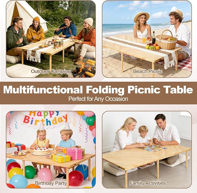 44x22 Low Floor Folding Picnic Table | Portable low table for 4-6, with adjustable height, mortise & tenon joints, and runner for beach picnics.
