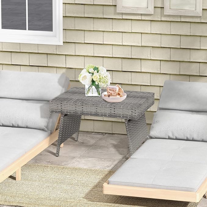 LDAILY Outdoor Side Table, Portable Wicker Coffee Table with Rattan and Steel Frame, All Weather Pre-Assembled Coffee Furniture, Standing Folding Patio for Courtyard, Poolside, Garden (Gray)