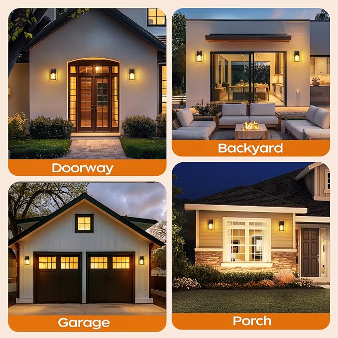 2Pack Dusk to Dawn Outdoor Lighting Fixture for House, Exterior Porch Light | 10.65 inch, Anti-Rust Metal Frame, Tempered Glass, E26 Base, Waterproof, Wall Sconce for House, Patio, Garage, Entryway