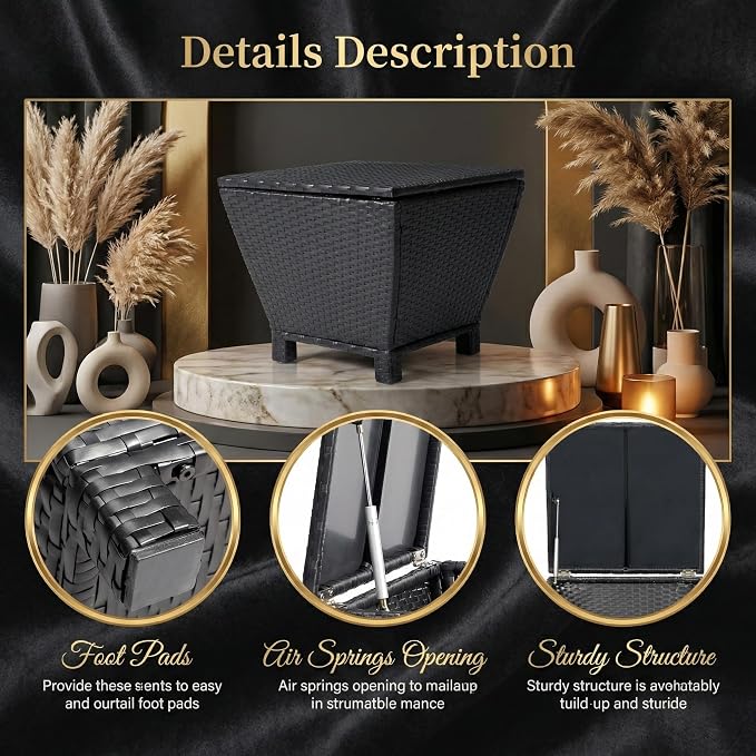 Outdoor PE Wicker Side Table with Storage, 13 Gallon Patio Storage Bin Container with Air Spring Lid, All-Weather Handwoven Rattan Coffee Table for Deck, Poolside & Garden, Black