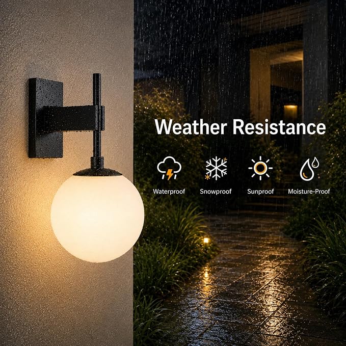 Hyunbae Modern Globe Outdoor Wall Sconce, 18.1" Large Black Porch Lights | E26 Front Porch Light, White Globe Glass Shade, IP65 Waterproof Exterior Lighting Fixtures, Garage Patio Entryway Use