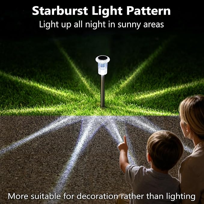 DenicMic Solar Pathway Lights Outdoor Waterproof Cold White LED 15 Pack | Yard Garden Driveway Walkway Landscape Path Lights, Starburst Pattern, Acrylic Diamond-like Lampshade Stainless Steel Pole