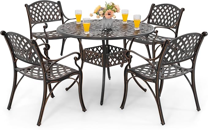NUU GARDEN 5 Piece Outdoor Patio Dining Set, Cast Aluminum Round Dining Table with Umbrella Hole and Patio Dining Chairs for Patio, Garden, Backyard, Balcony, Black with Gold-Painted Edges