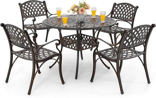 NUU GARDEN 5 Piece Outdoor Patio Dining Set, Cast Aluminum Round Dining Table with Umbrella Hole and Patio Dining Chairs for Patio, Garden, Backyard, Balcony, Black with Gold-Painted Edges