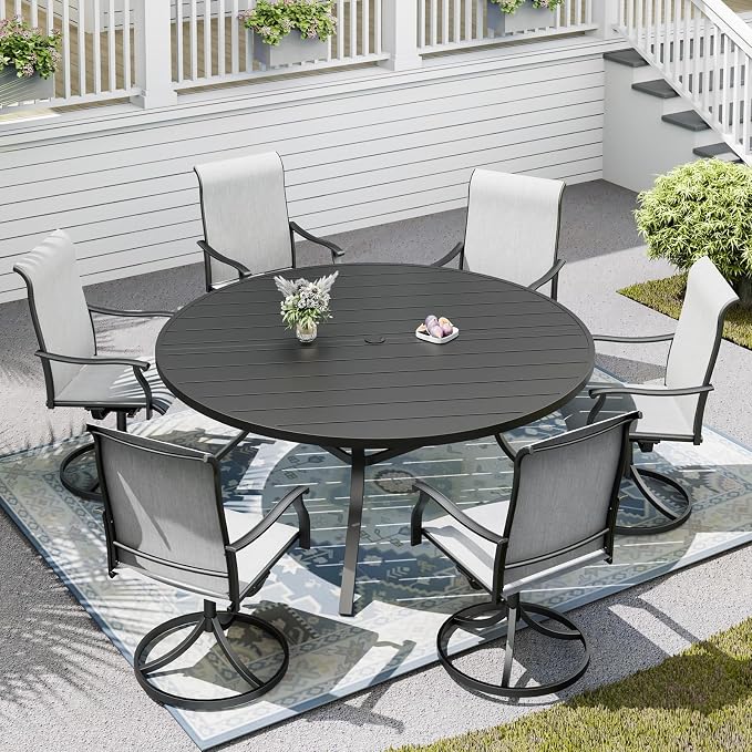 58"x 58"x 28" Patio Table and Chairs Set,6-Pieces Outdoor Swivel Dinging Chairs,Black Round Metal Table with Umbrella Hole,Outside Furniture Set for Patio,Deck,Porch,Backyard