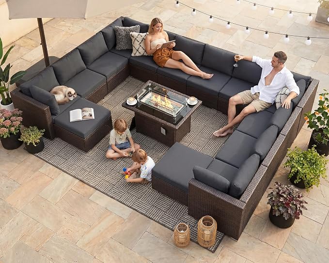 NICESOUL 15 Piece Outdoor Sectional with Fire Pit Table, Modern Luxury Patio Deep Seating w/Firepit, 29.3'' High-Back Wicker Couch Thick, Big High-Weight Capacity Sofa for Garden, Yard, Brown & Gray