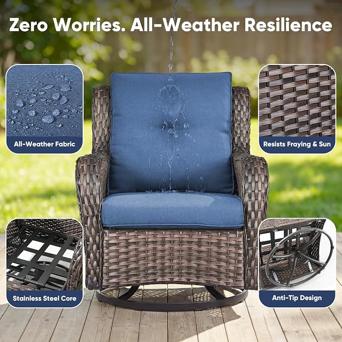 Belord 4 Piece Patio Wicker Furniture Set, Outdoor Swivel Rocker Chairs, All Weather Outdoor Patio Loveseat with Cushion and Coffee Table for Deck Porch, Brown Wicker/Blue
