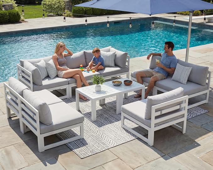 NICESOUL 10 Pcs L-Shaped Contemporary Aluminum Outdoor Furniture Set, 29" Deep Wide Large Couch Set, 500 lbs High Weight Capacity Modular Patio Sectional Sofa with Side Table for Garden, Light Grey