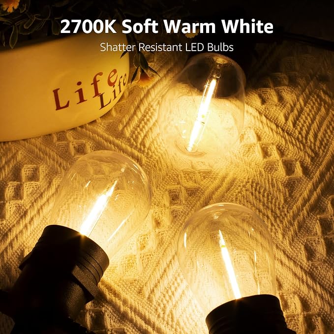 Lepro S14 Outdoor String Lights, 50ft Patio Lights with 15 LED Edison Bulbs | Comercial Pure Copper Core, Shatterproof Waterproof Bistro Light, Hanging Outside Lighting for Backyard, Pergola, Deck, Porch