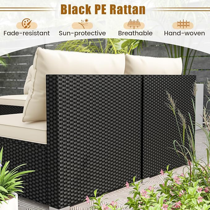 5 Pieces Patio Furniture Set, Outdoor Sectional Sofa with Tempered Glass Coffee Table & Cushions, Wicker Patio Conversation Set for Porch, Deck, Balcony, Poolside & Backyard