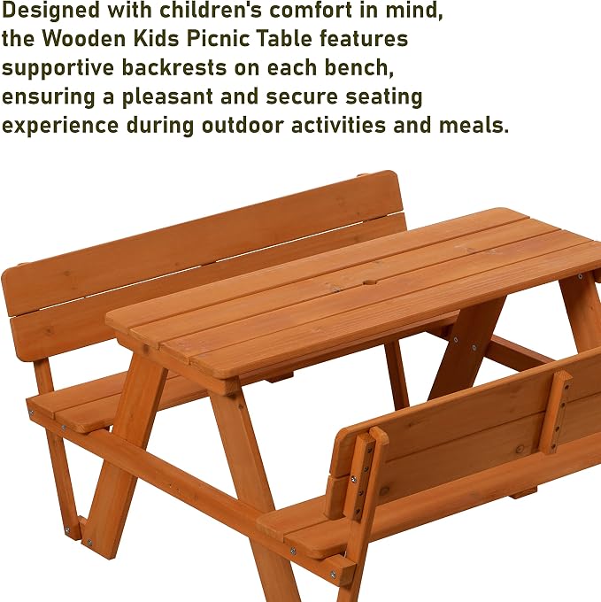 Gardenised Wooden Kids Picnic Bench with Backrest, Outdoor Children's Backyard, Crafting, Dining, and Playtime Patio Table, Stained