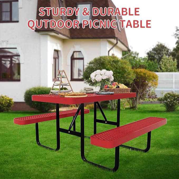 Picnic Tables for Outdoors,Commercial Metal Picnic Table Bench Set with Umbrella Hole,School Canteen Tables W/Seats - Heavy Duty Sturdy Picnic Tables Furniture for Patio Garden (Red, 6FT)