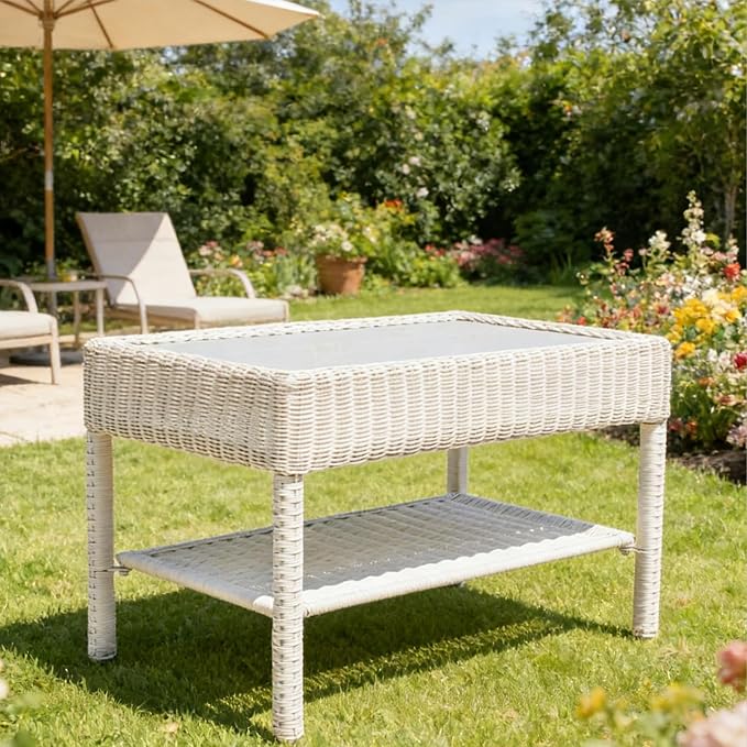 Park Meadow Outdoor Wicker Coffee Table All-Weather HDPE Rattan Patio Furniture w/Double Shelves & Grey HIPS Top, Off White