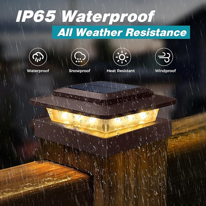 kolpop 4x4 Solar Post Cap Lights Outdoor 2Pack- 3 Color Temperatures&2 Level Brightness, IP65 Waterproof, 16 LED Fence Deck Post Light Solar Powered Only for 4×4/3.5×3.5 Wood/Vinyl Posts(Brown)