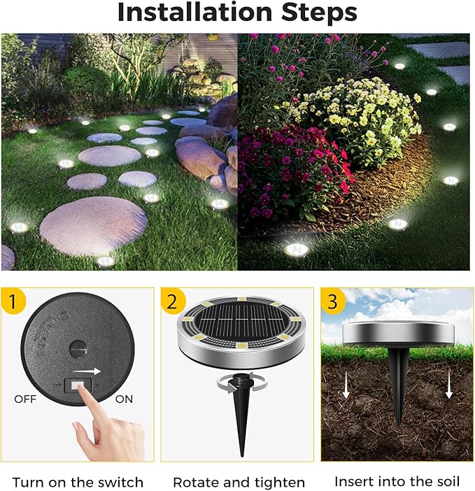24 Pack Solar Ground Lights Outdoor, 8 LED Mini Flat Solar Disc Lights, IP65 Waterproof Pathway Lights Solar Powered, Landscape Lighting for Garden Walkway Driveway Yard Lawn,Cool White