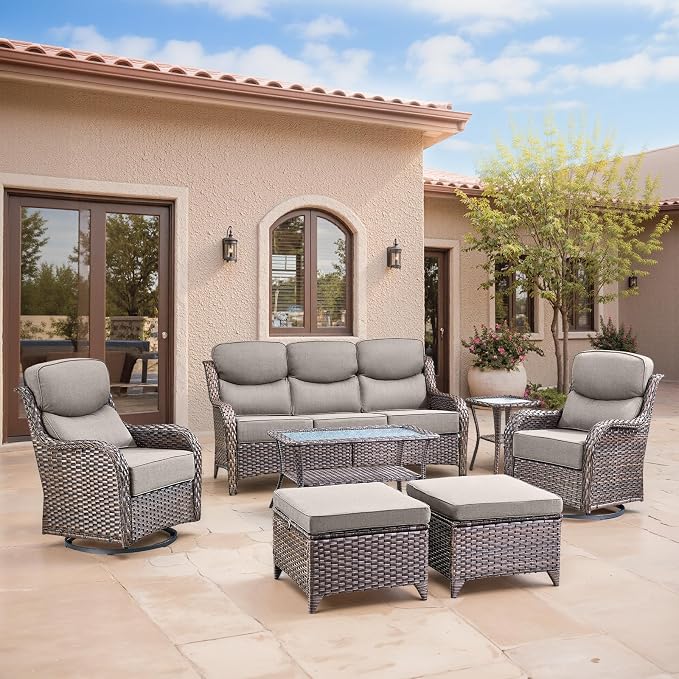 Swivel Patio Chairs sofa Set of 7 with 6" Thick Cushion - Wicker Outdoor Swivel Rocker Patio Chair ,Sofa/Glass coffee table, High Back Comfortable Outdoor Glider Chairs - Brown Wicker | Gery Cushions