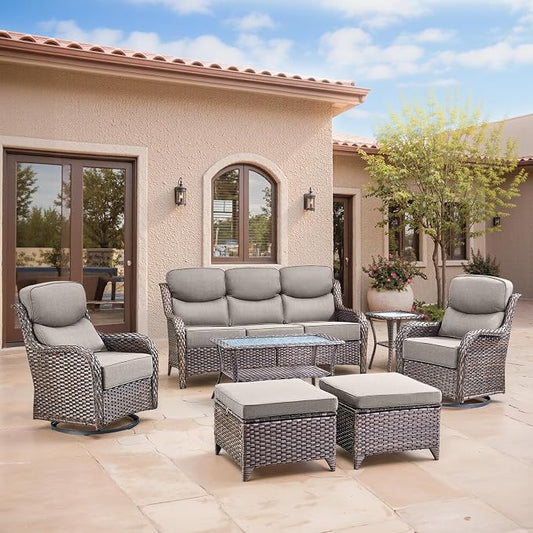 Swivel Patio Chairs sofa Set of 7 with 6" Thick Cushion - Wicker Outdoor Swivel Rocker Patio Chair ,Sofa/Glass coffee table, High Back Comfortable Outdoor Glider Chairs - Brown Wicker | Gery Cushions