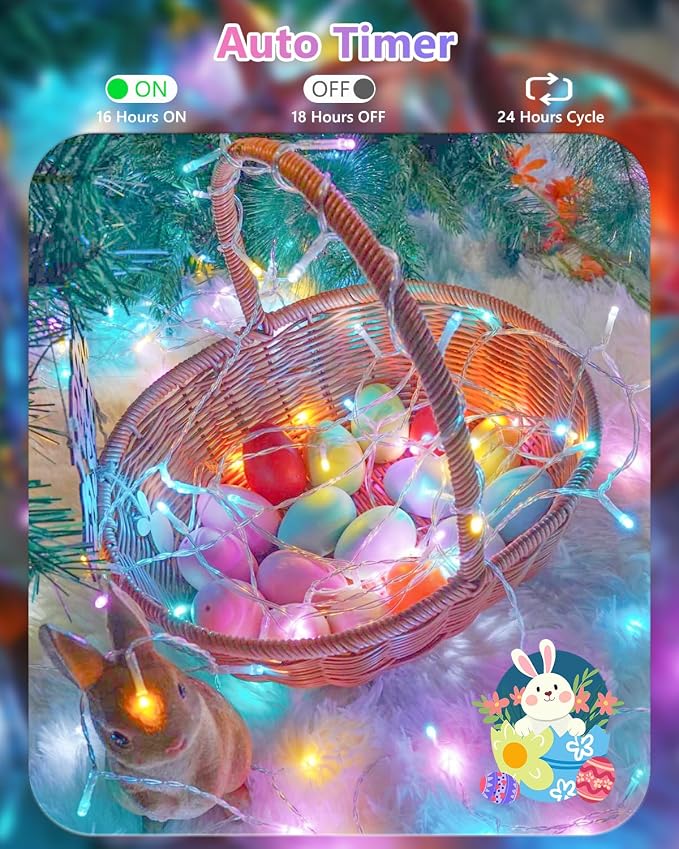 2 Pack 100 LED Easter Lights Battery Operated String Twinkle Fairy Lights | 33FT 8 Modes Multicolor Easter Battery Lights with Auto Timer, Waterproof Pastel Lights for Indoor Outdoor Garden Party Decor