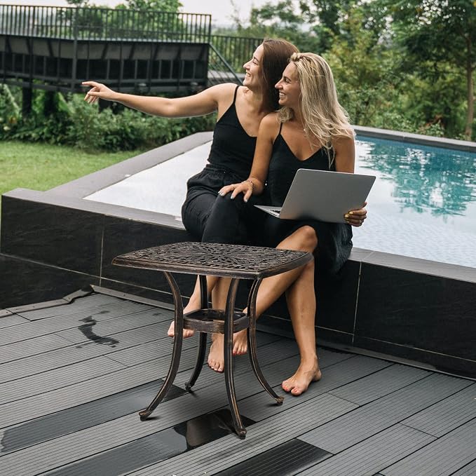 Patio Side Table,21.3” Outdoor Side Table, Cast Aluminum All-Weather Patio Side Table Small Outdoor Table Bistro Table with Umbrella Hole and Antique Design for Outside, Porch, Balcony, Patio, Bronze