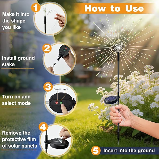 btfarm 4 Pack Solar Garden Lights Outdoor, 8 Modes Firework Lights Outside | 120LED, Waterproof Fairy Twinkle Light Solar Powered for Yard Christmas Pathway Lawn Pool Patio Decorative, Multicolor