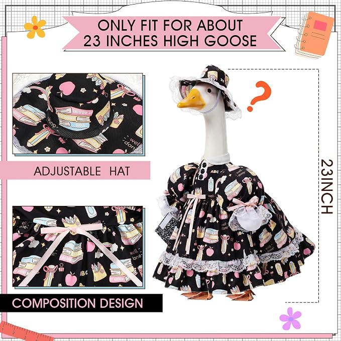 Suzile Back to School Porch Goose Outfit Classroom Goose Clothes for 23" High Cement or Plastic Pastel Geese Costume for Yard Lawn Outdoor Garden Patio Duck Statue Dresses Composition Classroom Decor