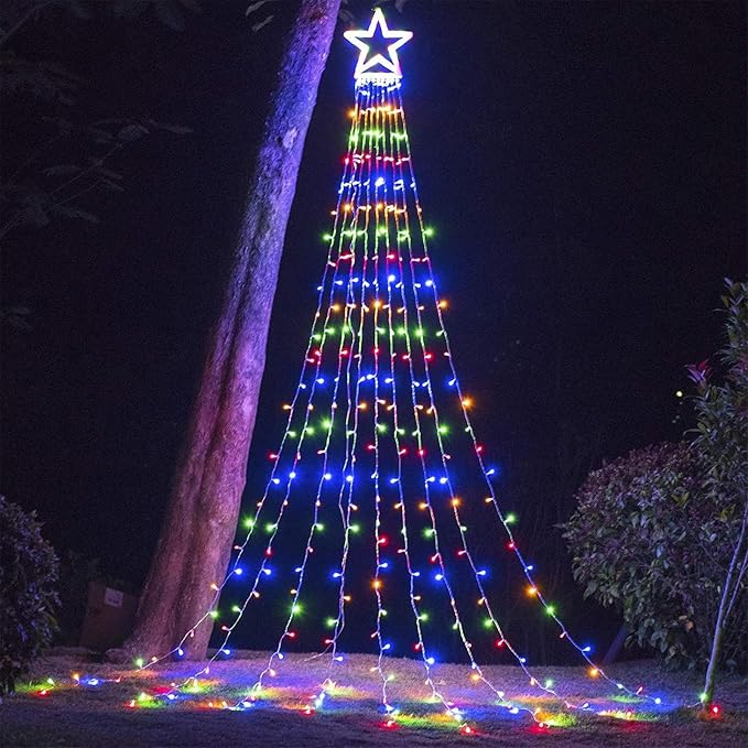 (New) Christmas Lights, Outdoor Christmas Decorations, 320 LED Waterfall String Lights, 8 Light Modes Chrsitmas Lights with 12" Star Tree Topper for Yard, Party, New Year (Multicolor)