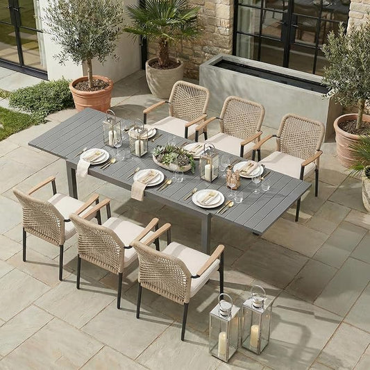 SUNSITT 7 Piece Outdoor Patio Dining Set, 63" - 105" Aluminum Expandable Outdoor Dining Table and 8 Woven Wicker Patio Chairs w/WPC Armrests for Garden, Dark Grey