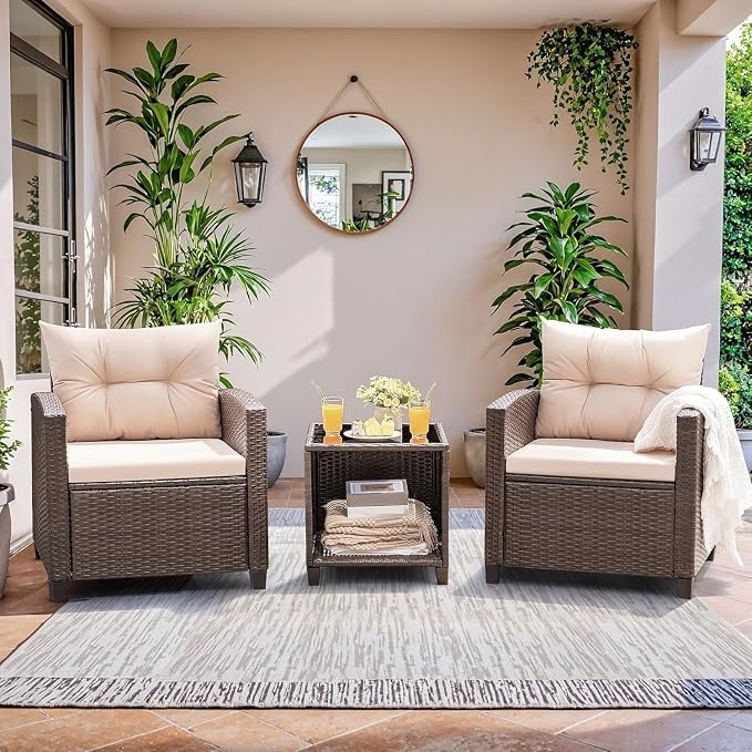 PE Rattan Wicker Patio Sets 3 Pieces Outdoor Patio Furniture Set with Two Chairs and Table for Porch Garden Poolside Balcony