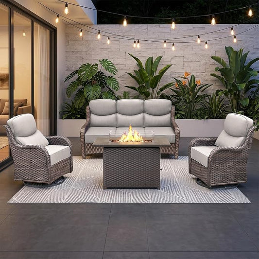 Luxury High Back Outdoor Furniture 6-Inch Thick Cushions with 50,000 BTU Gas Propane Fire Pit Tablet, Patio Furniture Set with Swivel Chairs, for Porch, Balcony, Deck and Yard