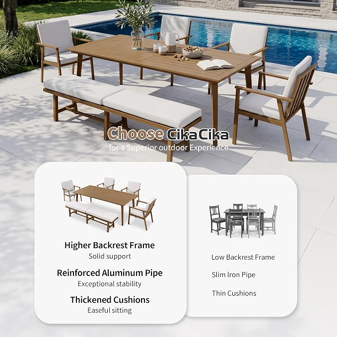 8-Person Outdoor Table Set with Chairs & Bench, 6-Piece Outdoor Rectangular Dining Table with Umbrella Hole, Rust-Resistant Faux Wood Grain Patio Table Set for Garden Backyard Poolside, Teak