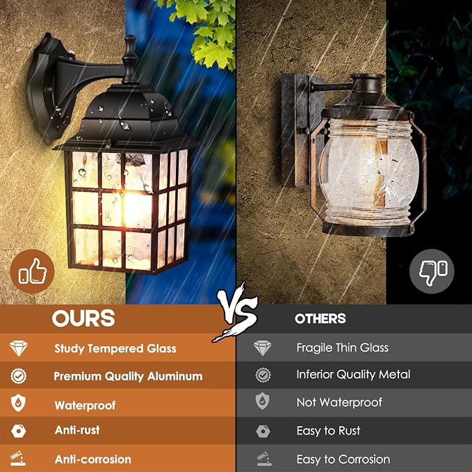 2-Pack Dusk to Dawn Outdoor Wall Lantern, Exterior Light Fixtures with Photocell Sensor, Black Wall Light Waterproof, Waterfall Glass Outside Wall Sconce for Porch House Garage
