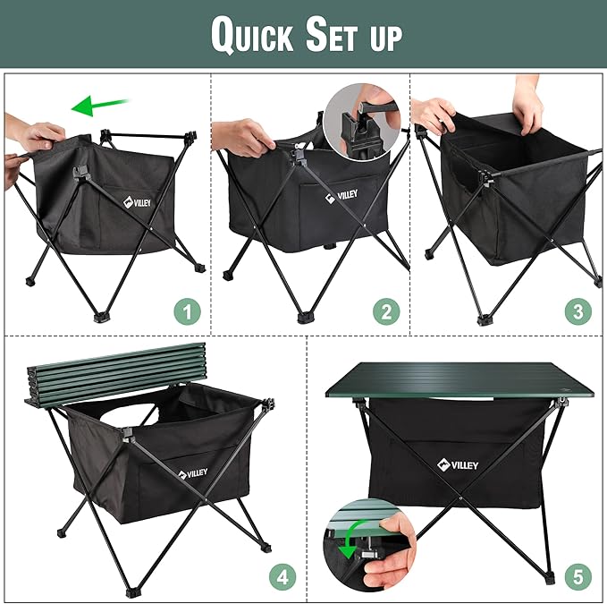 VILLEY Portable Camping Side Table, Ultralight Aluminum Folding Beach Table with Carry Bag and Under-Table Storage Hammock for Outdoor Cooking, Picnic, Camp, Boat, Travel, Large