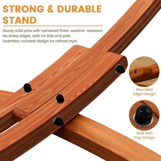 Lazy Daze Hammocks Sunbrella Fabric Hammock with 13FT Wood Arc Stand, 2 Person Outdoor Hammock Combo with Free Pillow, All Weather & Fade Resistant, for Patio Yard, 450 lbs Capacity, Token Surfside