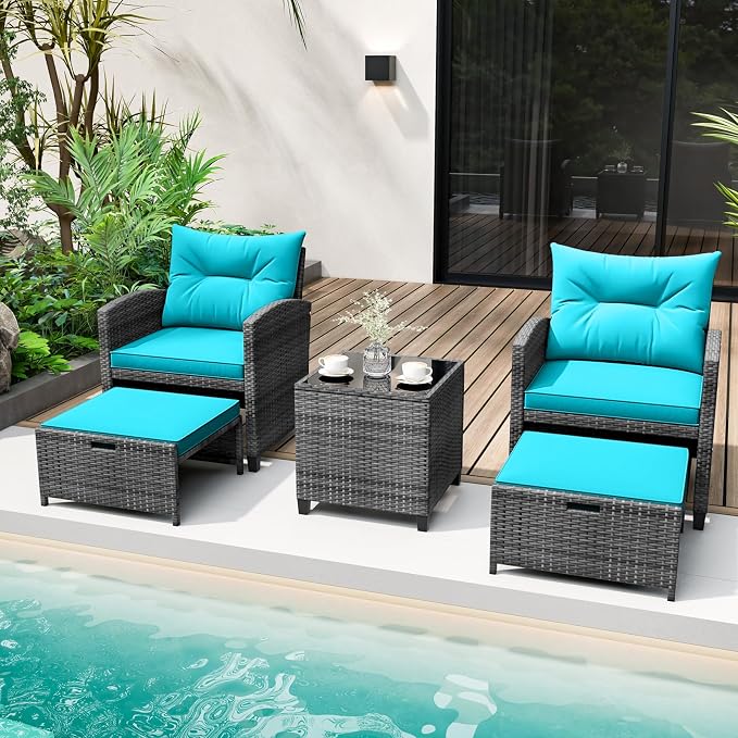 COSTWAY 5-Piece Rattan Conversation Set, Outdoor Wicker Sofa, Tempered Glass Coffee Table & Ottomans for Small Space, Boho Chic Indoor/Outdoor Furniture Set for Poolside, Backyard, Deck (Turquoise)