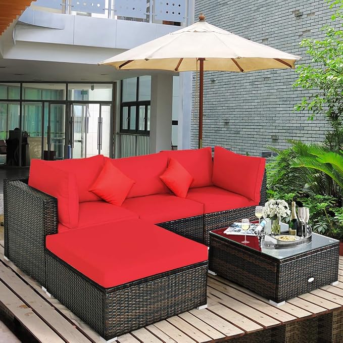 RELAX4LIFE 5-Piece Rattan Sofa Set - Wicker Conversation Set w/Armless Sofa, 2 Corner Sofas, Ottoman, Tempered Coffee Table, All Weather Outdoor Furniture Set for Patio, Poolside, Yard (Red)