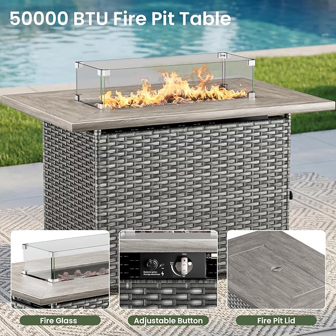 Luxury Patio Furniture Set with 6-inch Thick Cushion, Outdoor Furniture with Fire Pit Table, Swivel Chairs, Sofa, 4pcs Wicker Conversation Set for Deck Yard and Poolside(Grey Wicker/Grey Cushion)