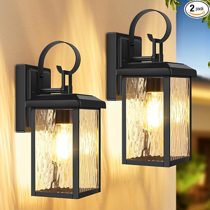 BesLowe 2-Pack Outdoor Wall Light Fixtures with Water Ripple Glass, Black | Waterproof, Rust-Resistant, Durable Metal, Standard E26 Socket, Easy to Install