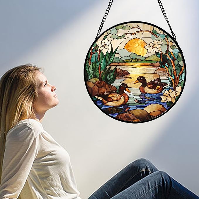 Stained Glass Window Hanging, Ducks in the Pond Sun Catcher for Door Home Decor Landscape Plant Suncatcher Christmas Mother's Day Birthday Gifts for Women Men Mom Nana 7.8 in