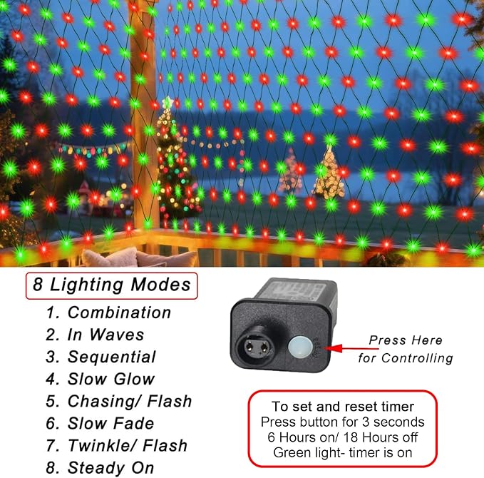 Pooqla Red and Green Christmas Net Lights Outdoor, 15x 5ft Green Wire | 300 LED Large Net Mesh Lights Plug in, 8 Modes Waterproof Connectable Bushes Lights for Christmas Hedge Yard Decor