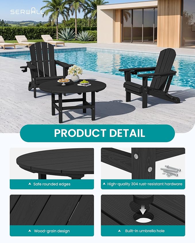 SERWALL 6-Piece Patio Set, 4 Folding Adirondack Chairs with Cup Holders, Round Table & Center Pole Umbrella, HDPE Plastic, Black