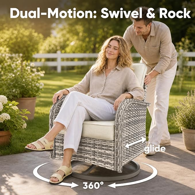 3-Piece Small Patio Furniture Set, Outdoor Swivel Rocking Chairs Set with Wicker Chairs and Tempered Glass Side Table, Outdoor Furniture Patio Bistro Set for Balcony, Deck, Porch