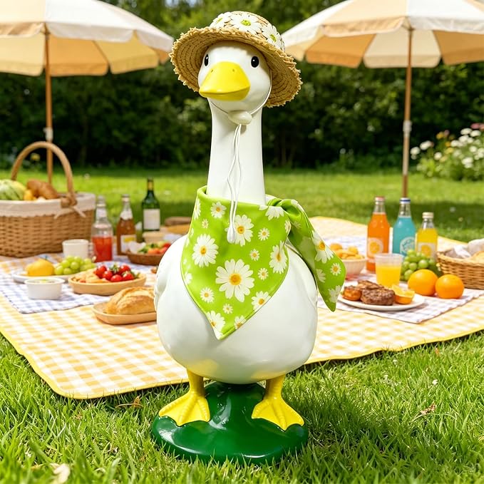 Summer Porch Goose Outfit for 23" 17" Lawn Porch Goose Statue Costume Cute Daisy Bandana and Hat for Garden Patio Statue Art Decor Country Pastoral Style Green
