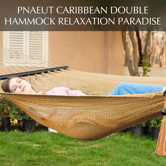 PNAEUT 2 Person Caribbean Rope Hammocks for Outside, 12ft Handwoven Polyester Double Hammock with Spreader Bar for Outdoor Indoor, Max 600 lbs Capacity (Tan)