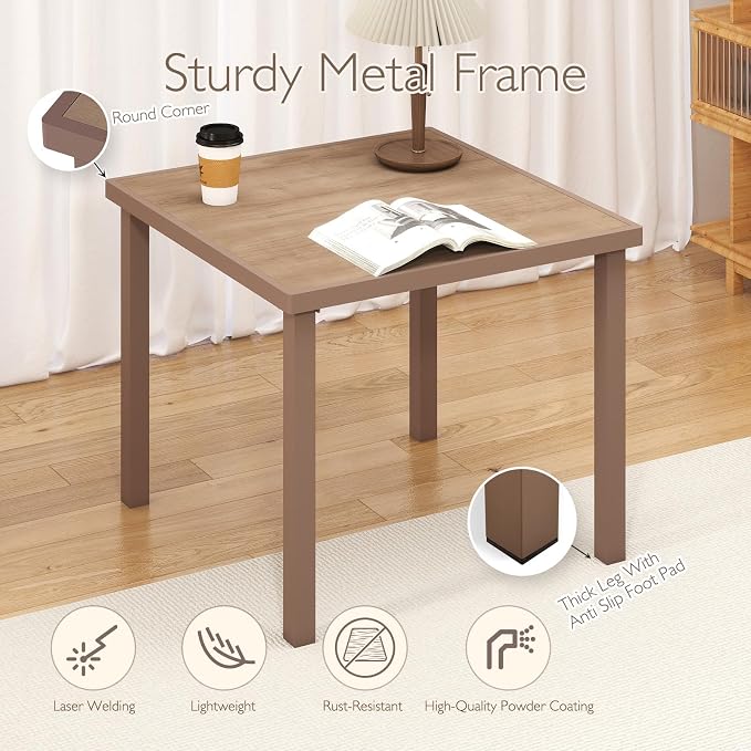 Iron Outdoor Anti-Corrosion Wood-Plastic Dining Table -All-Weather Exposed Square Table Waterproof and Rust-Proof Courtyard-Style Coffee Table Garden/Balcony/Poolside, Light Brown 1 Pcs
