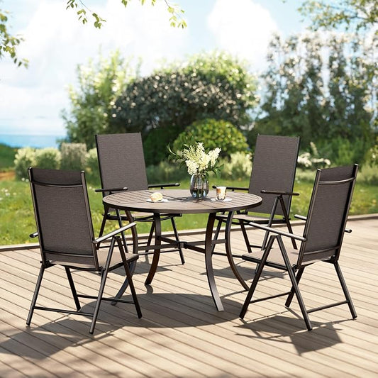PHI VILLA Round Outdoor Dining Set for 4 with Folding Chairs, Black | Light-weight & space-saving, Breathable & quick-drying, Metal Table, Umbrella Hole, Weather-Resistant, Adjustable, Patio deck